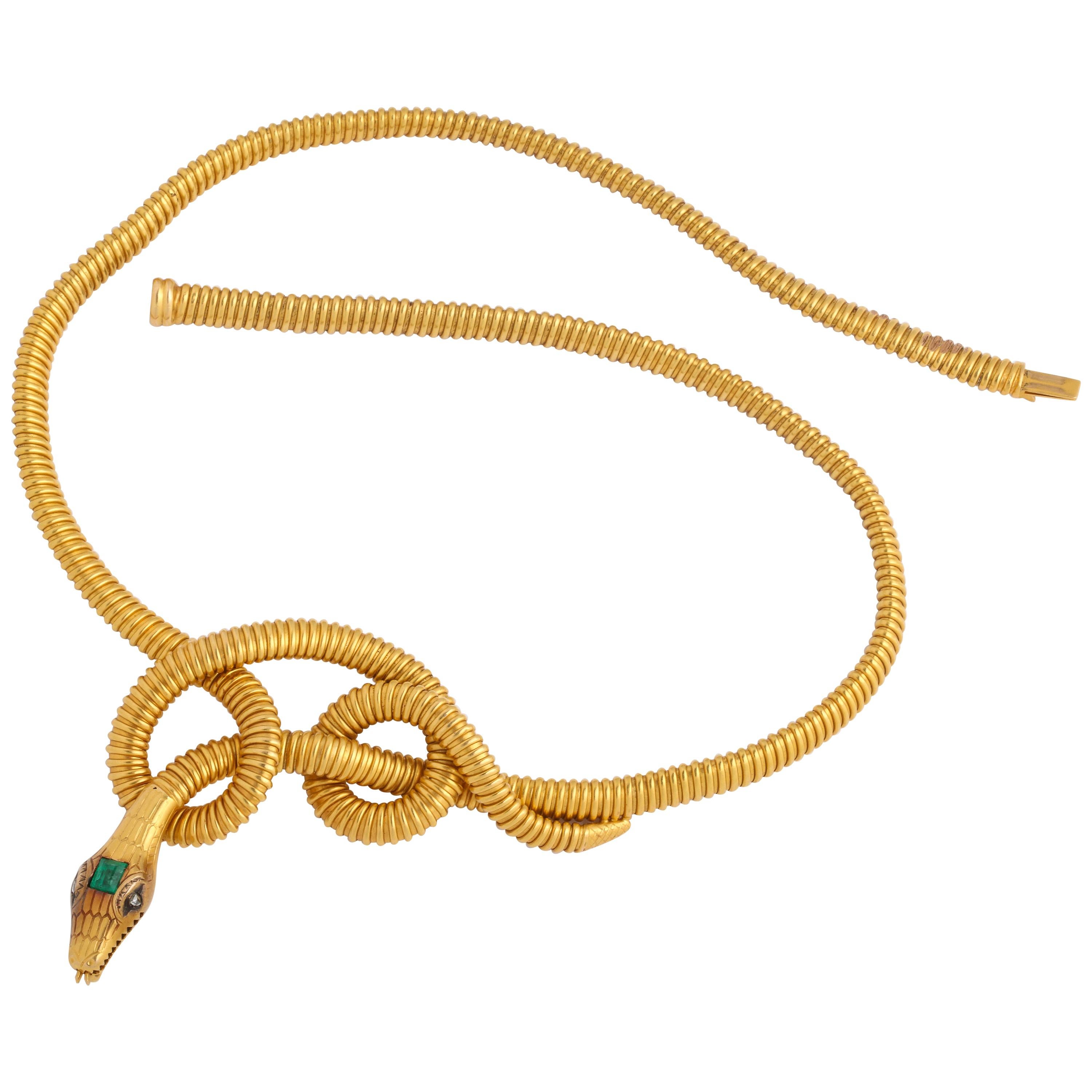 Victorian 18K Snake Necklace with Emerald Head and Eyes