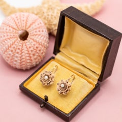 Victorian 18K Solid Gold Floral Dormeuse Earrings with Pearls & horse head mark