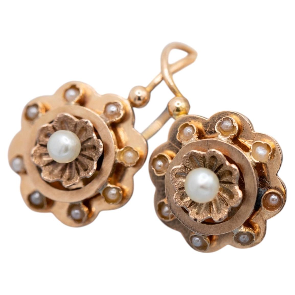 Victorian 18K Solid Gold Floral Dormeuse Earrings with Pearls & horse head mark