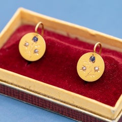 Victorian 18K Solid Yellow Gold Dormeuse Earrings with Sapphire & Pearls