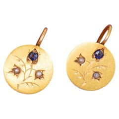 Victorian 18K Solid Yellow Gold Dormeuse Earrings with Sapphire & Pearls