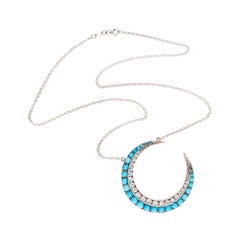 Victorian 18k/Sterling Silver Diamond & Turquoise Crescent Pendant Necklace