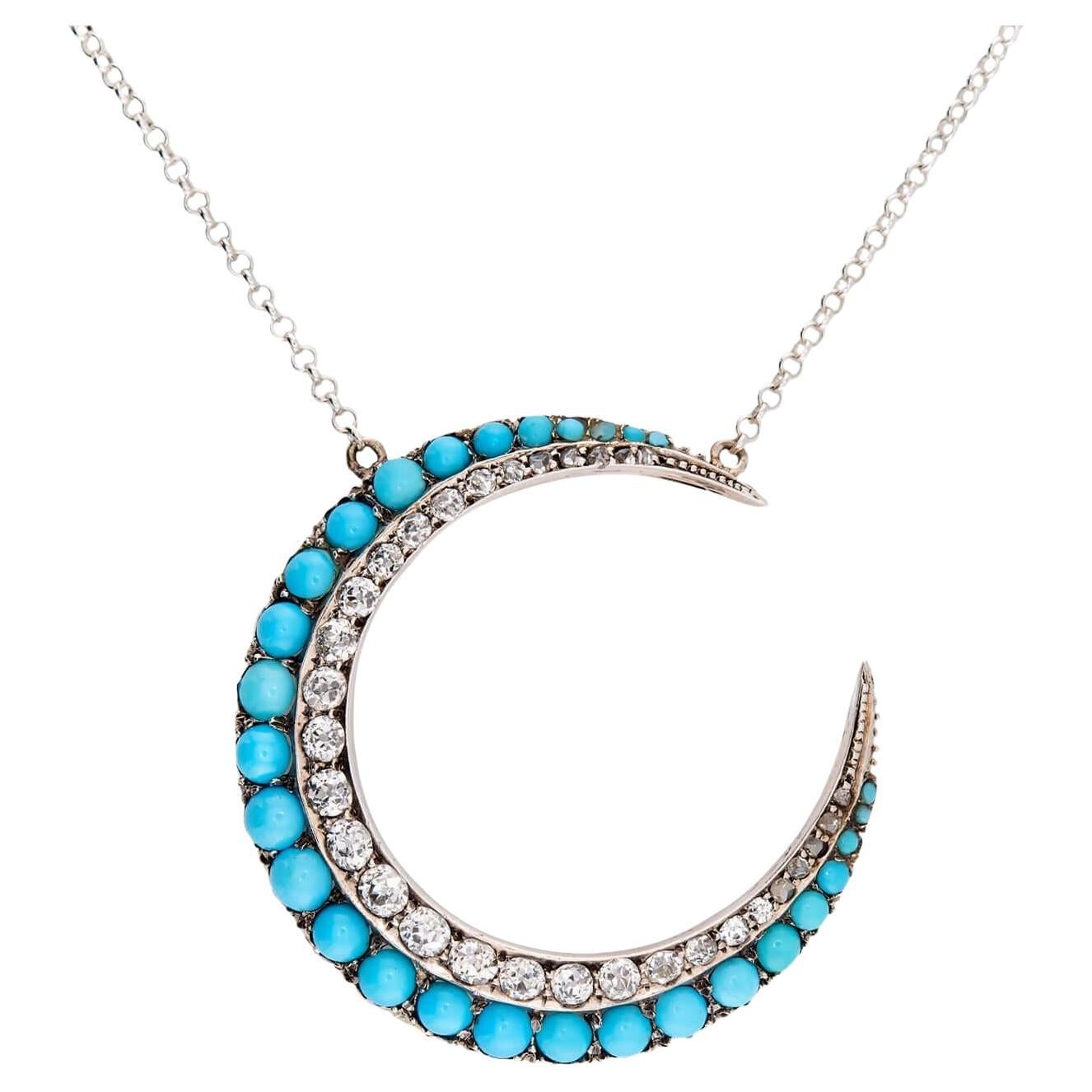 Victorian 18k/Sterling Silver Diamond 
Turquoise Crescent Pendant Necklace For Sale