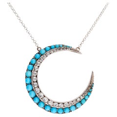 Victorian 18k/Sterling Silver Diamond 
Turquoise Crescent Pendant Necklace