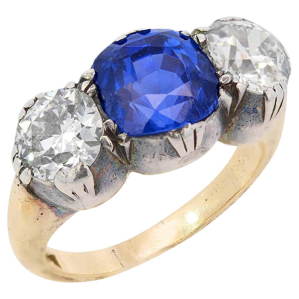 Anillo victoriano de zafiro de Ceilán y diamantes en plata de 18 quilates y plata de ley GIA sin calor