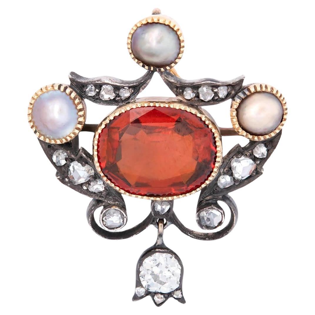 Victorian 18k/Sterling Silver Hessonite Garnet, Diamond, and Pearl Pin/Pendant