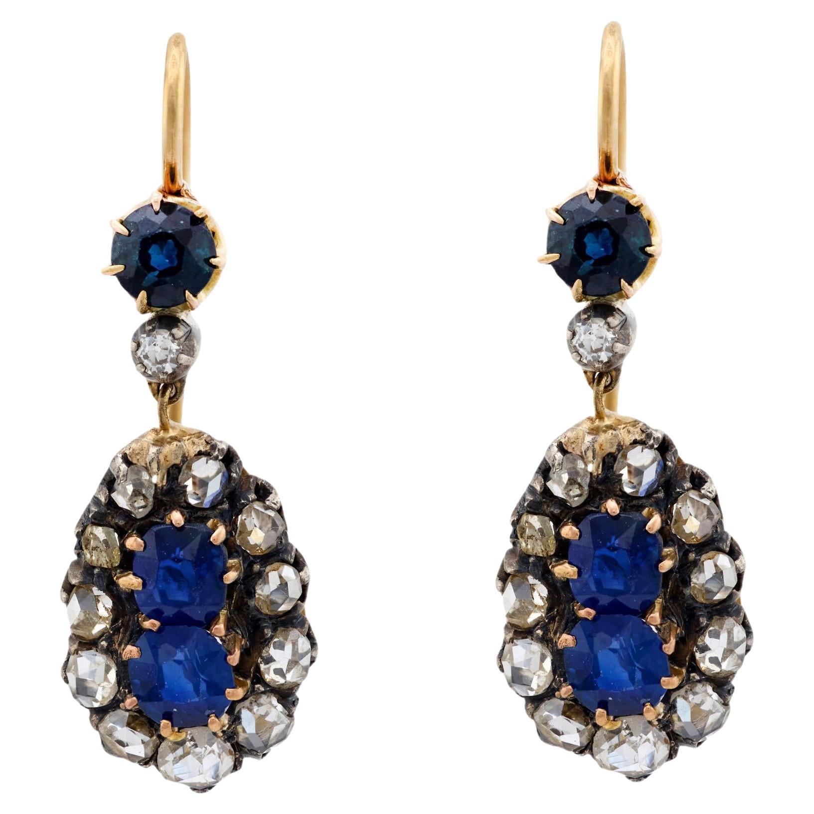 Victorian 18k/Sterling Silver Sapphire and Diamond Earrings For Sale