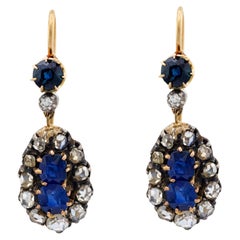 Victorian 18k/Sterling Silver Sapphire and Diamond Earrings