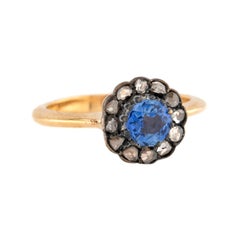 Victorian 18k/Sterling Silver Sapphire & Diamond Halo Ring
