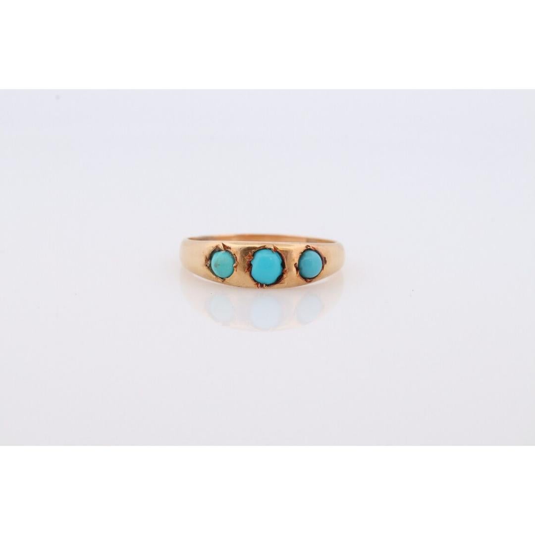 Vintage from the 1920s
Materials: Gold
Gemstone: Turquoise
Gem color: Blue

Style: Minimalist

Beautiful Victorian Ring. 3 cabochons bezel set.

Hallmarked with a Crown (UK)

Absolutely stunning.

18k Solid Yellow Gold

Condition: Shows some signs