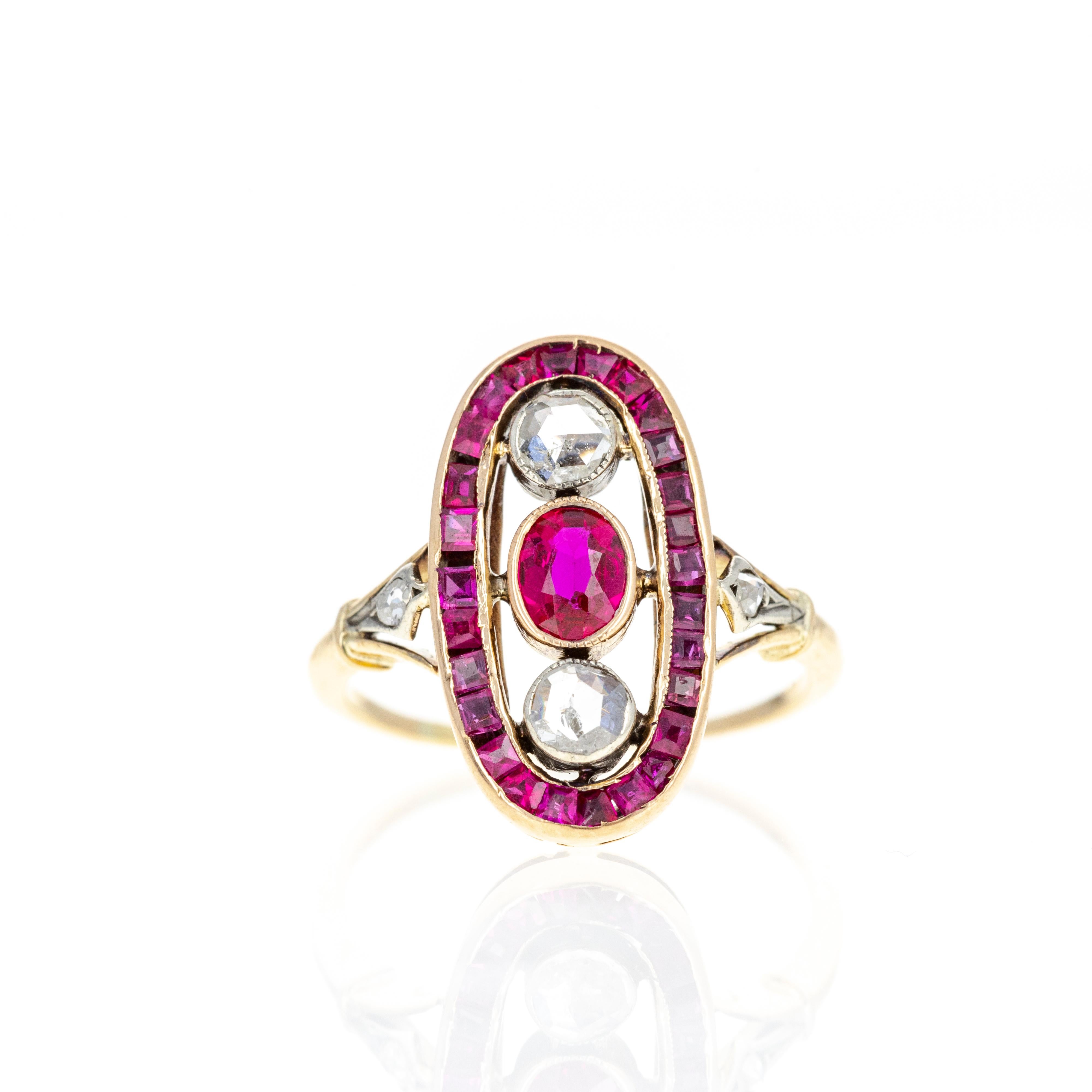 Bague victorienne en or jaune 18 carats avec rubis de 0,30 carat et diamants taille rose Pour femmes en vente