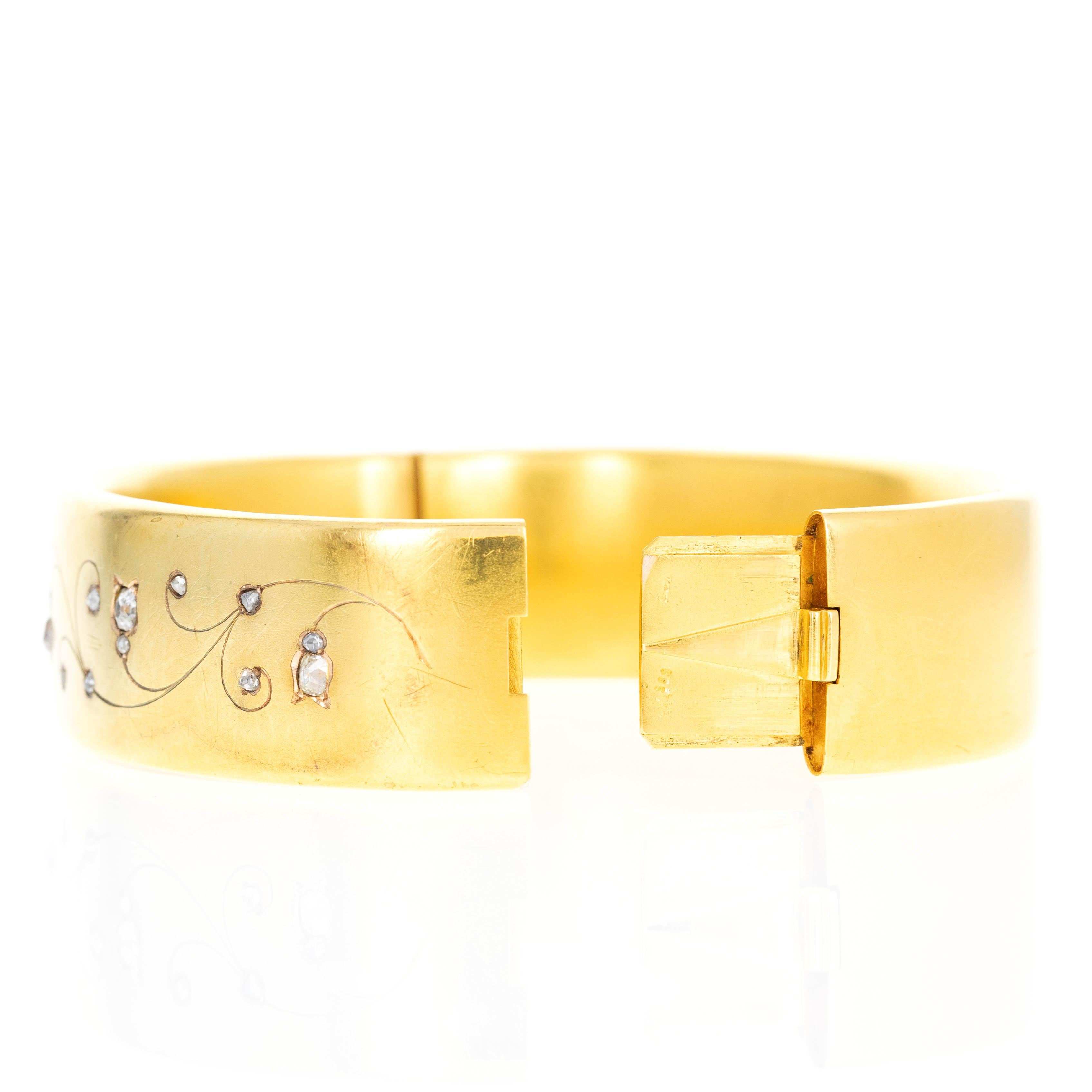 Taille rose Bracelet jonc brossé victorien en or jaune 18 carats avec diamants taille rose de 0,75 carat en vente