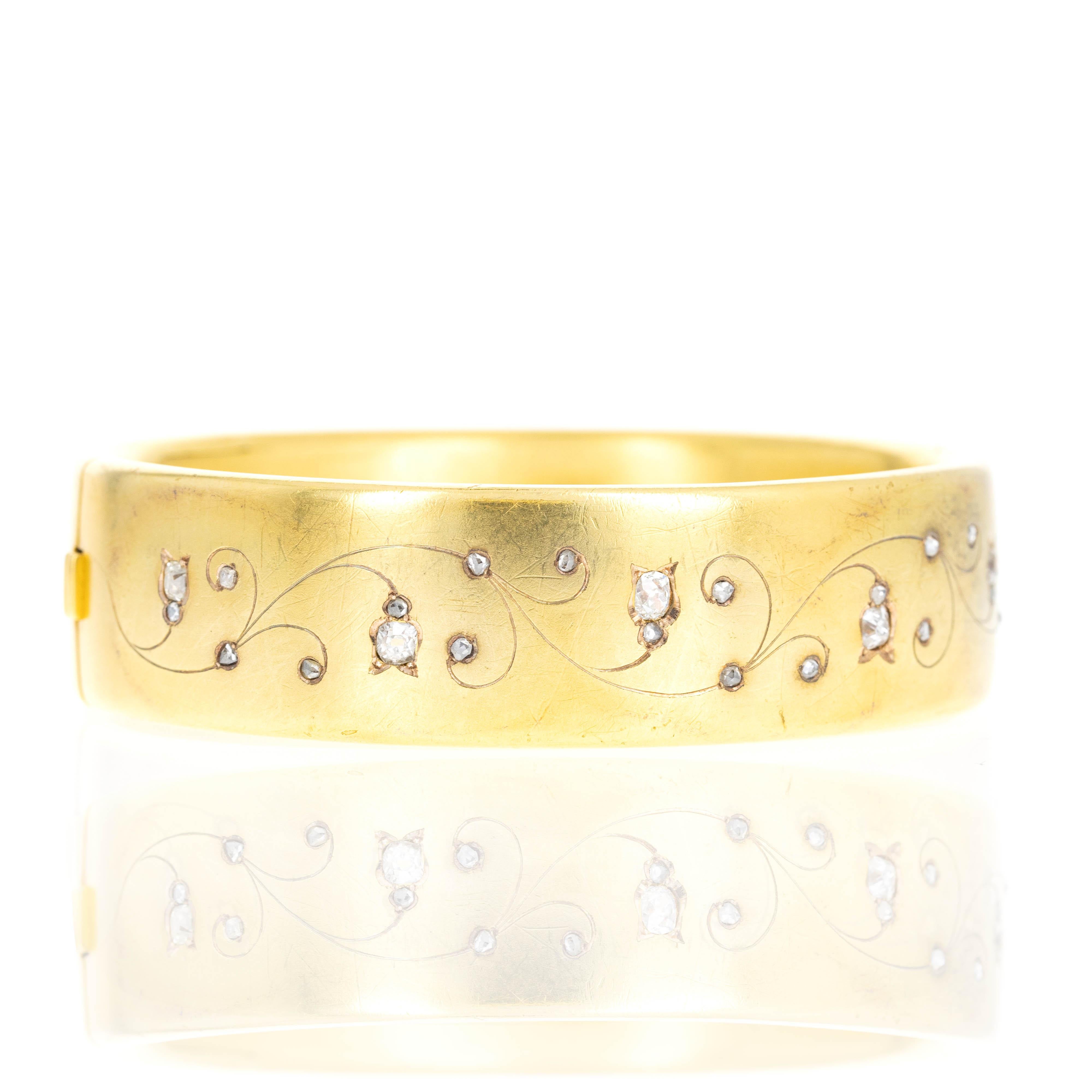 Bracelet jonc brossé victorien en or jaune 18 carats avec diamants taille rose de 0,75 carat Pour femmes en vente