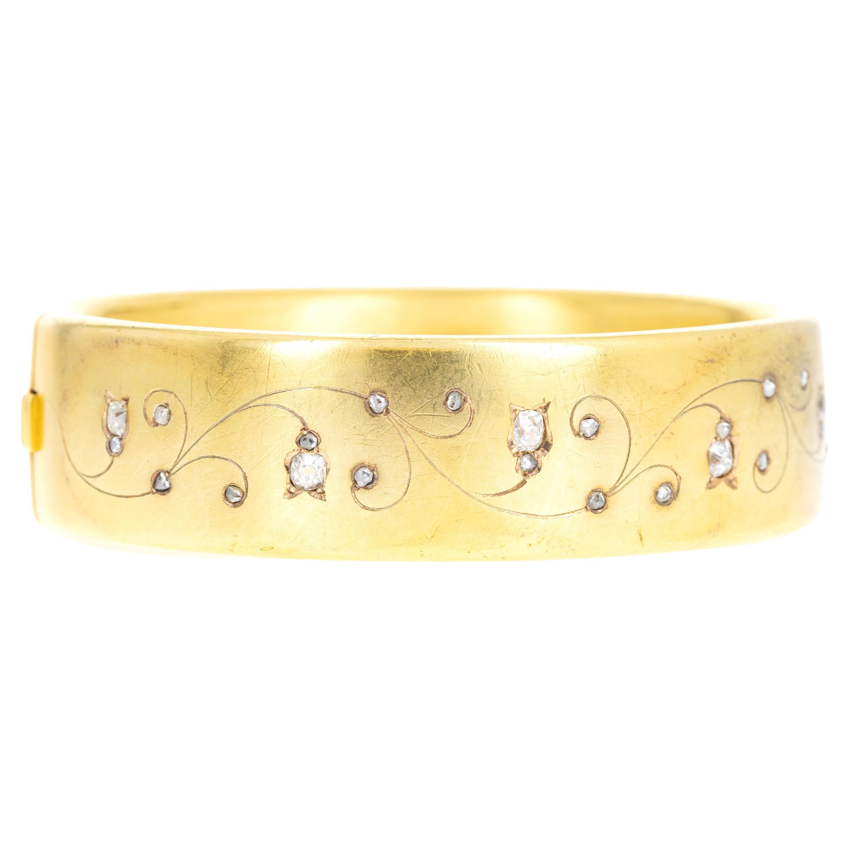 Victorian 18K Yellow Gold 0.75 Carat Rose Cut Diamond Brushed Bangle