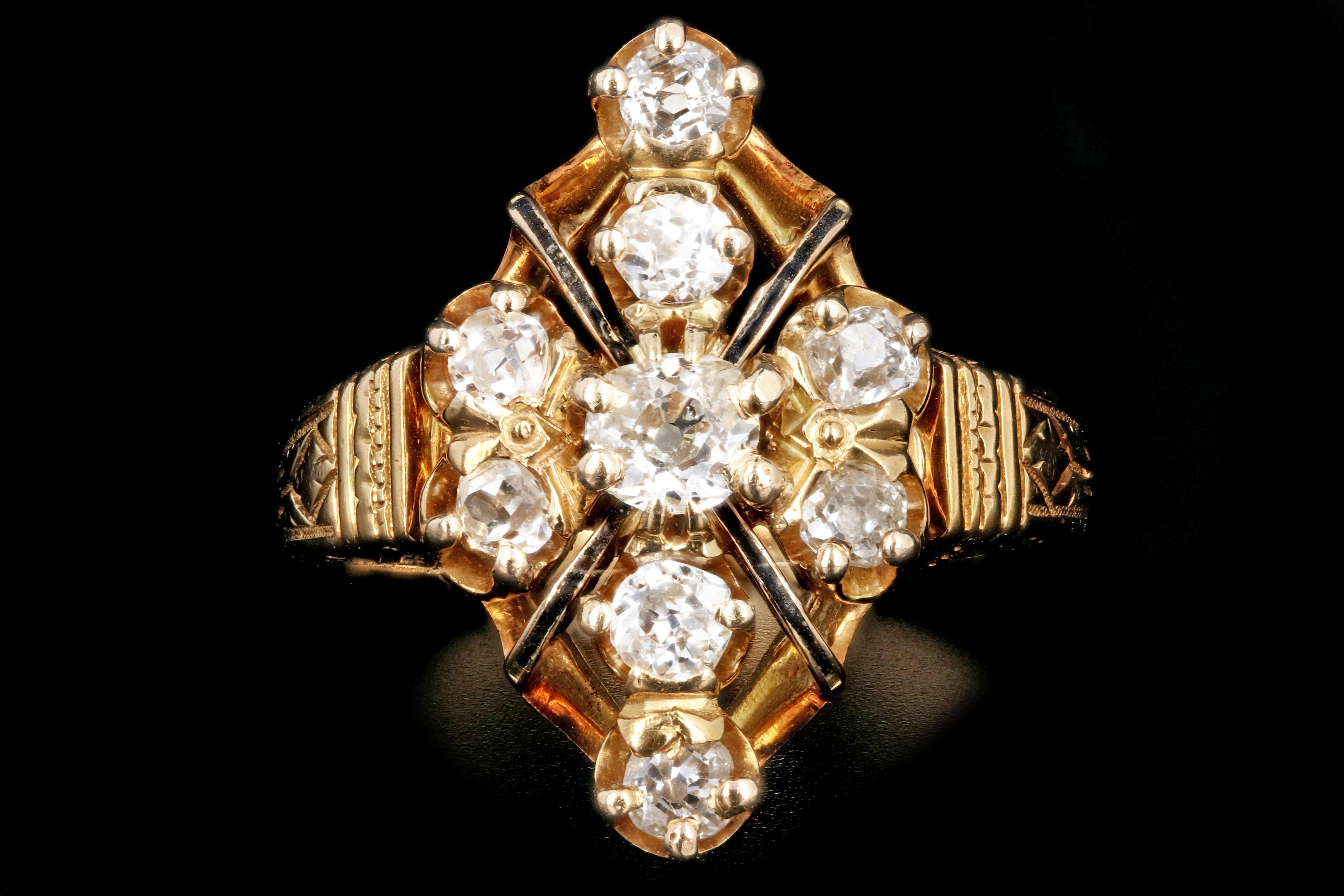 Era: Victorian

Composition: 18K Yellow Gold

Primary Stone: Old Mine Cut Diamond

Carat Weight: 1 Carat

Color: G-H

Clarity: Vs2-Si1

Ring Weight: 3.8 DWT

Ring Size: 7.25