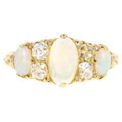 Victorian 18K Yellow Gold 1 Carat Opal Diamond Three Stone Band