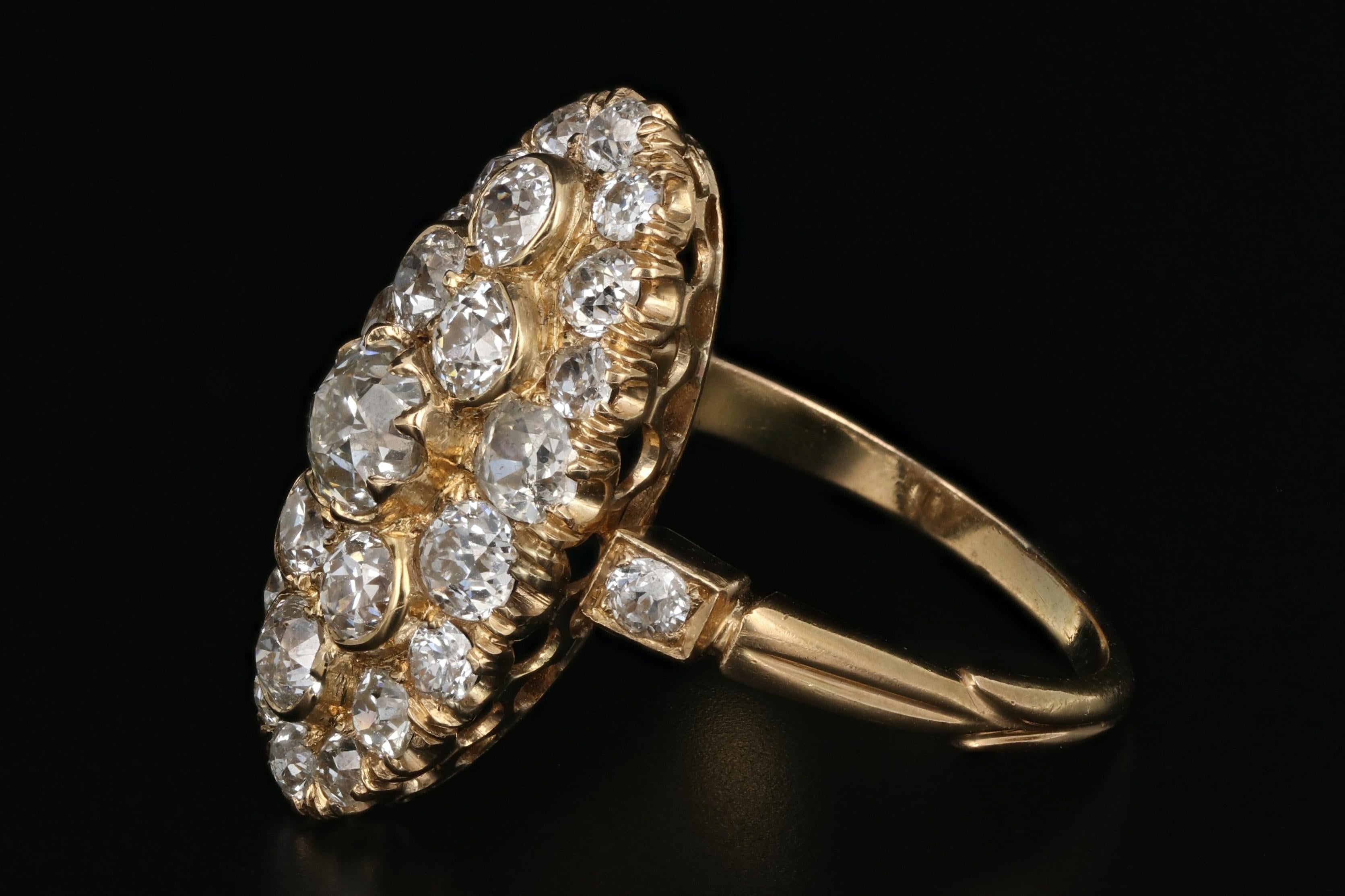 Old Mine Cut Victorian 18 Karat Yellow Gold 2.33 Carat Diamond Navette Ring