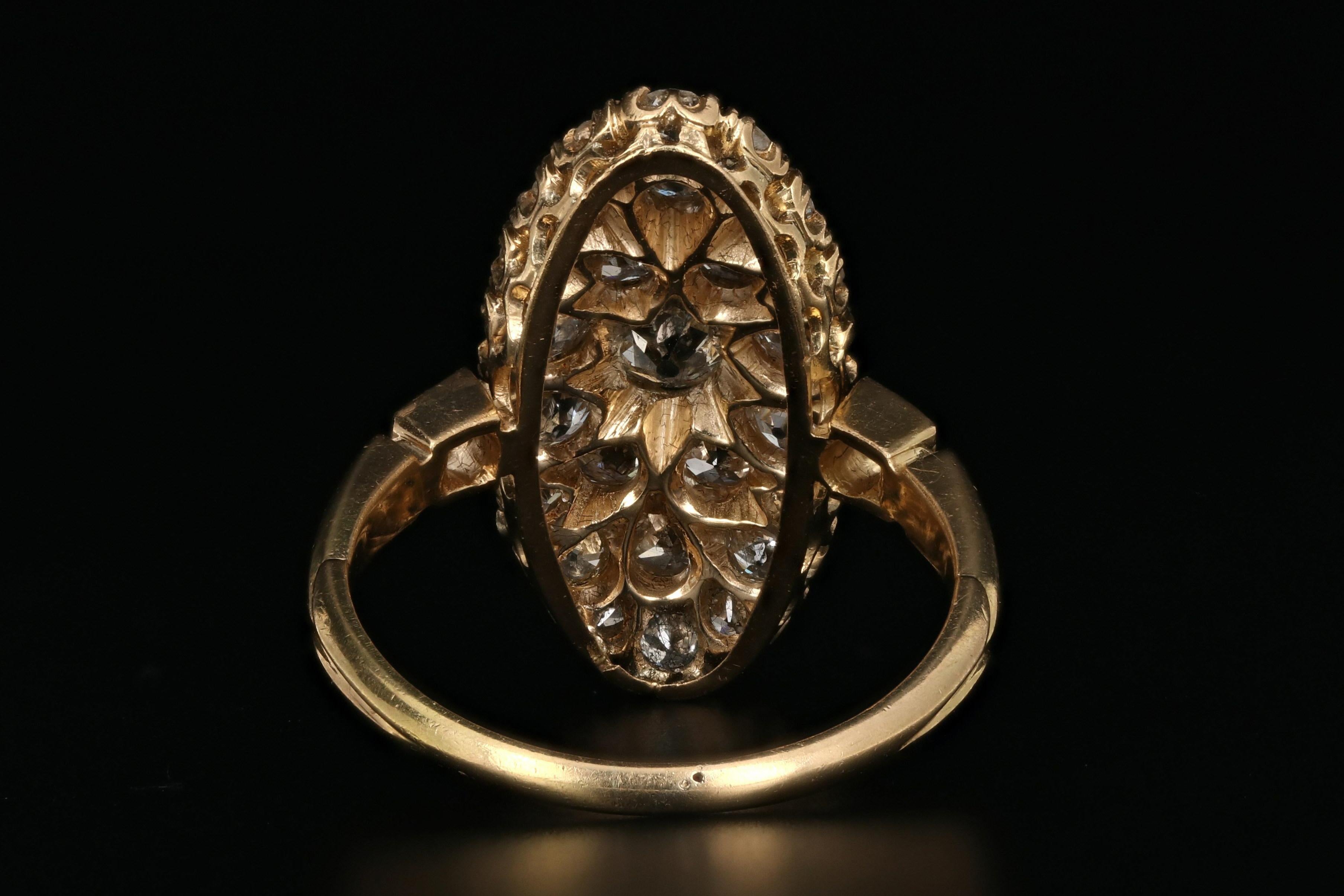 Women's or Men's Victorian 18 Karat Yellow Gold 2.33 Carat Diamond Navette Ring