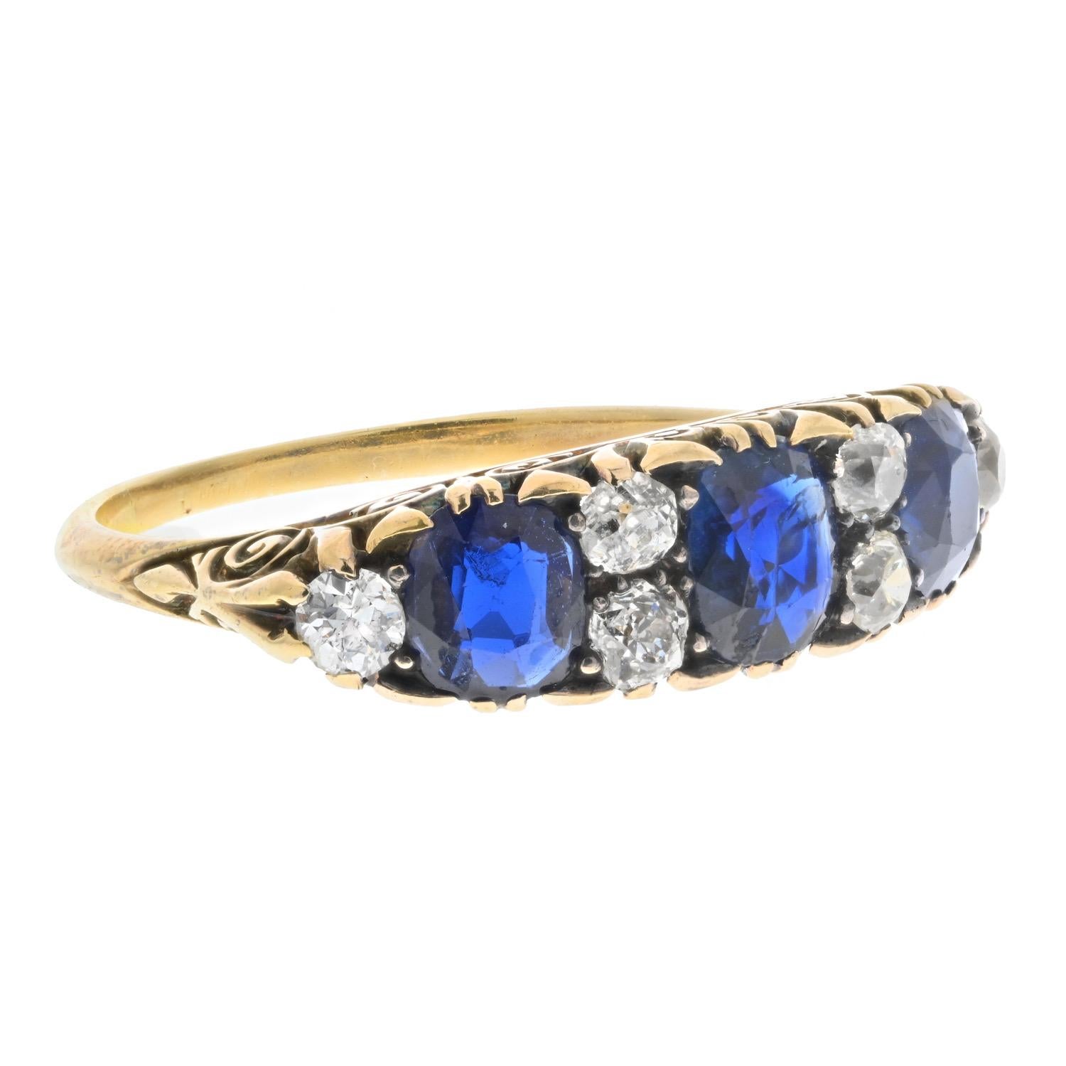 Modern Victorian 18K Yellow Gold 3 Stone Sapphire and Diamond Ring