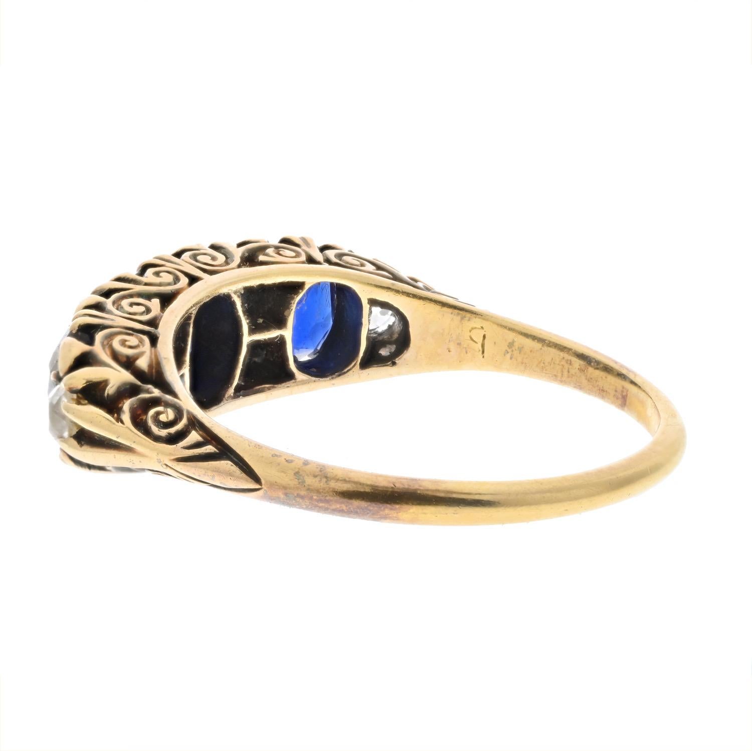 Round Cut Victorian 18K Yellow Gold 3 Stone Sapphire and Diamond Ring