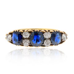 Victorian 18K Yellow Gold 3 Stone Sapphire and Diamond Ring