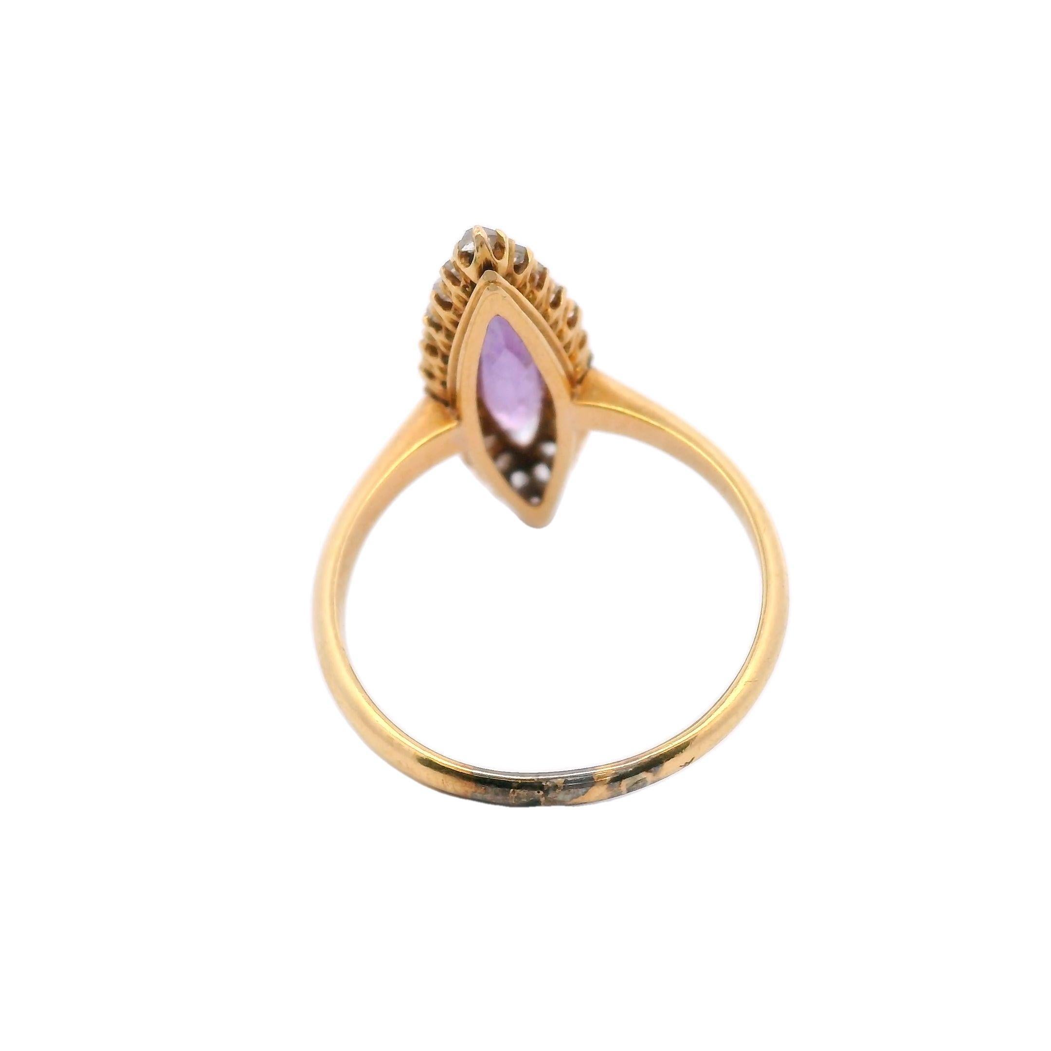 Marquise Cut Victorian 18K Yellow Gold Amethyst and Rose Cut Diamond Navette Ring
