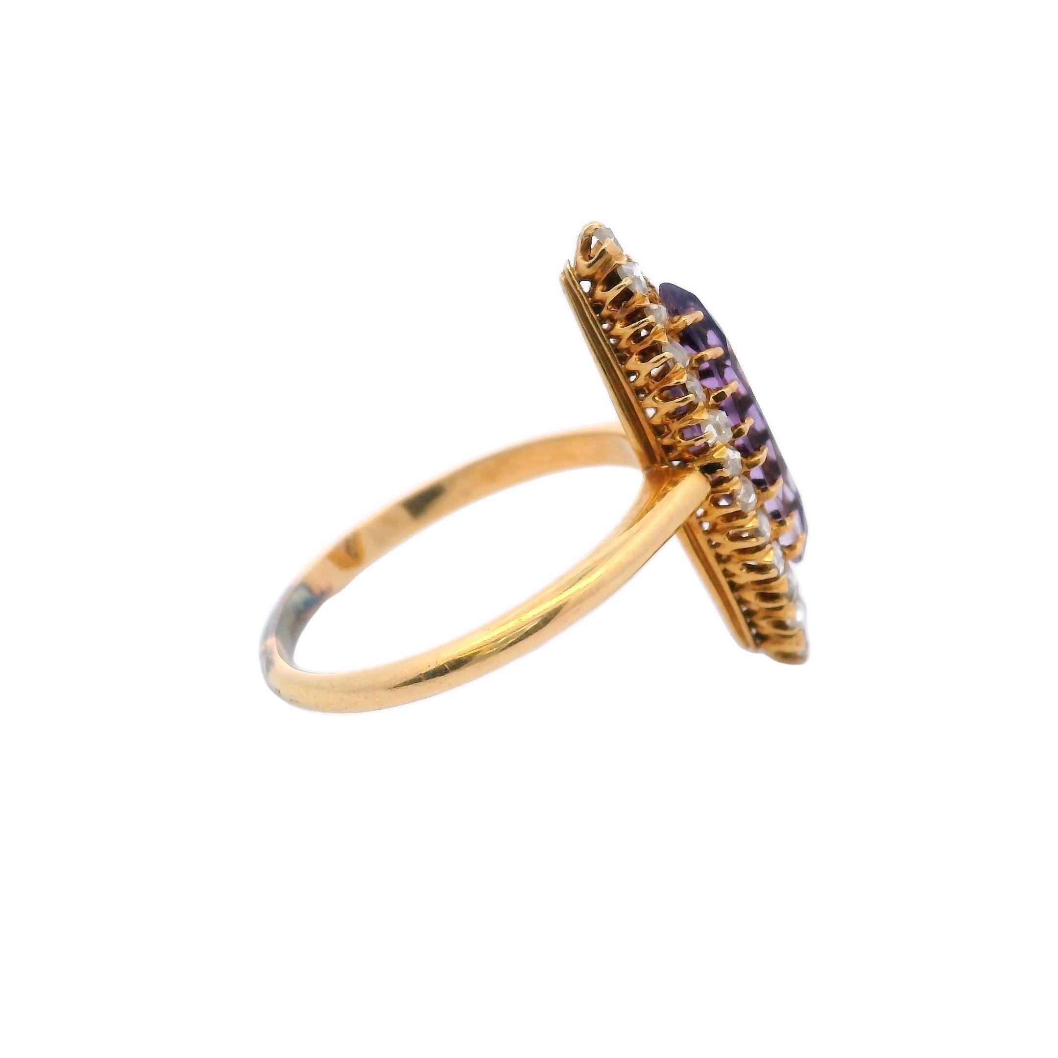 Victorian 18K Yellow Gold Amethyst and Rose Cut Diamond Navette Ring In Good Condition In Fairfield, CT