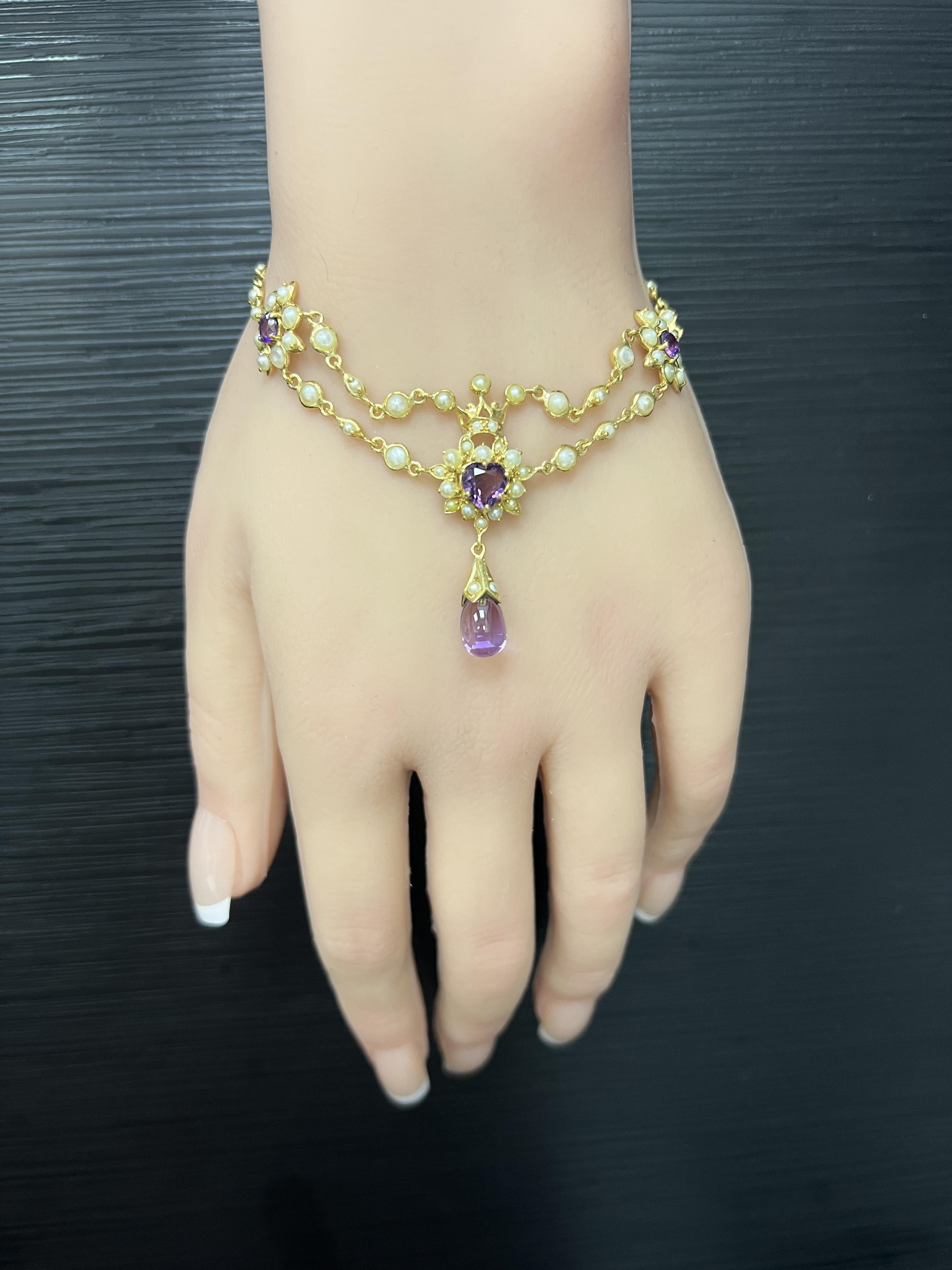 Bracelet victorien en or jaune 18k avec améthyste et perles de rocaille Excellent état - En vente à New York, NY