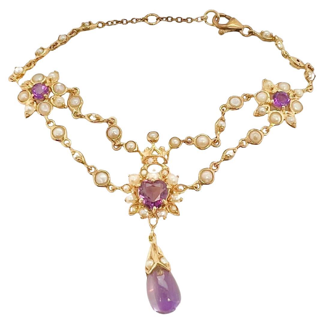 Bracelet victorien en or jaune 18k avec améthyste et perles de rocaille en vente