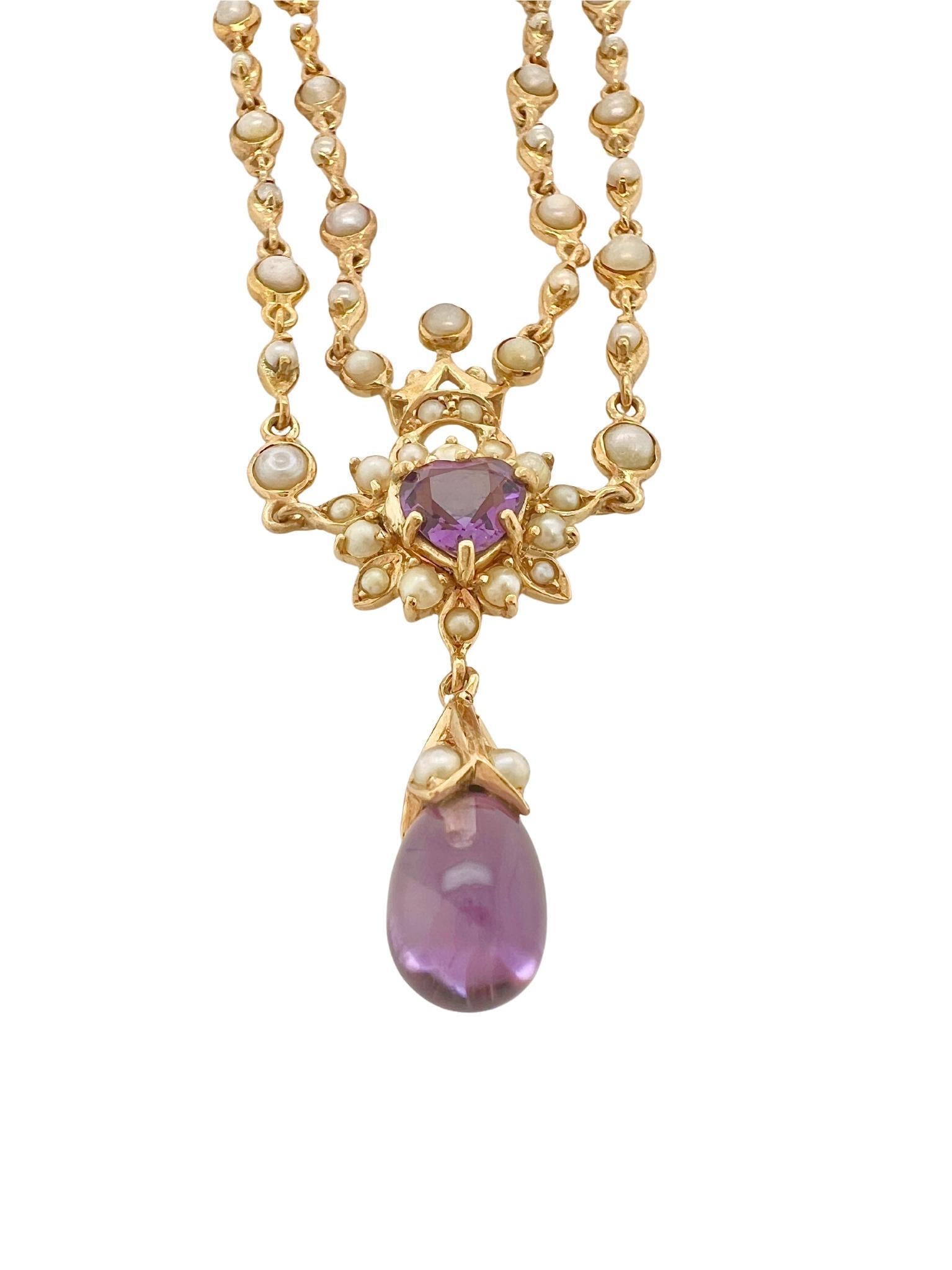Collier victorien en or jaune 18k avec améthyste et perles de rocaille

Détails :
MATERIAL : Or jaune 18k, améthyste, perles de rocaille 
Longueur : 25 cm 
Estampillé : 750 sur le crochet 
Poids : 20.5 grammes

En excellent état.