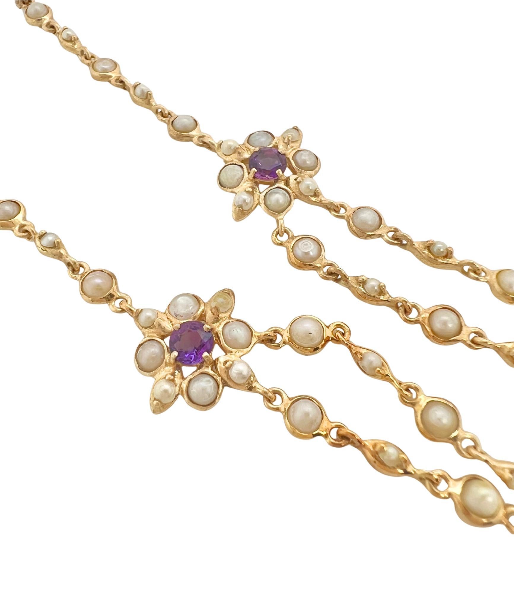 Victorien Collier victorien en or jaune 18k avec améthyste et perles de rocaille en vente