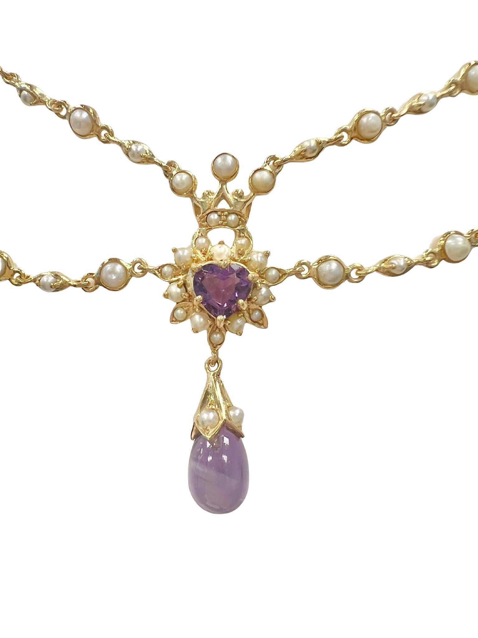 Collier victorien en or jaune 18k avec améthyste et perles de rocaille Excellent état - En vente à New York, NY