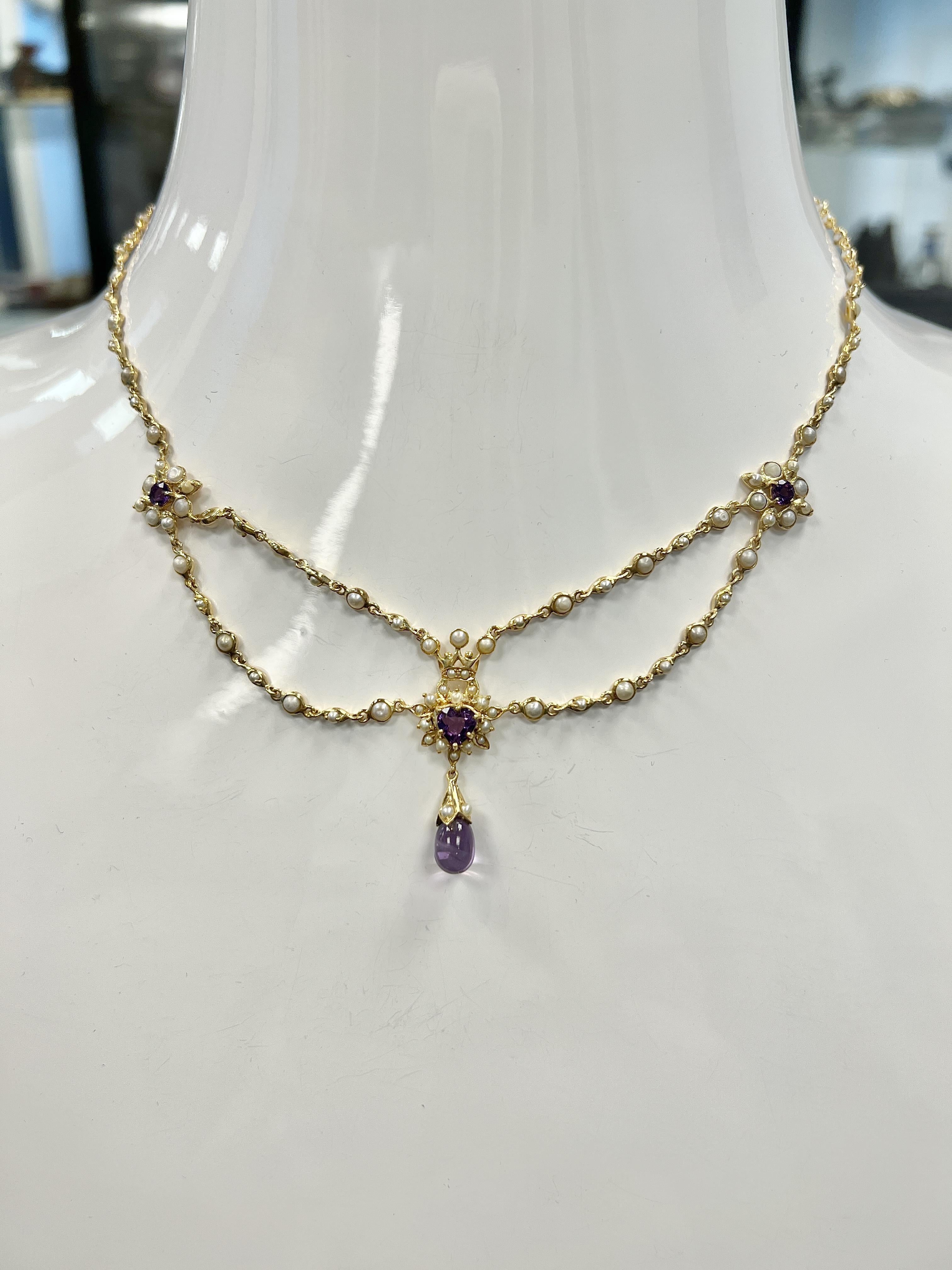 Collier victorien en or jaune 18k avec améthyste et perles de rocaille Pour femmes en vente