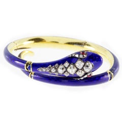 Victorian 18K Gold and 3 Carat Old Mine Cut Diamond Blue Enamel Snake Bangle