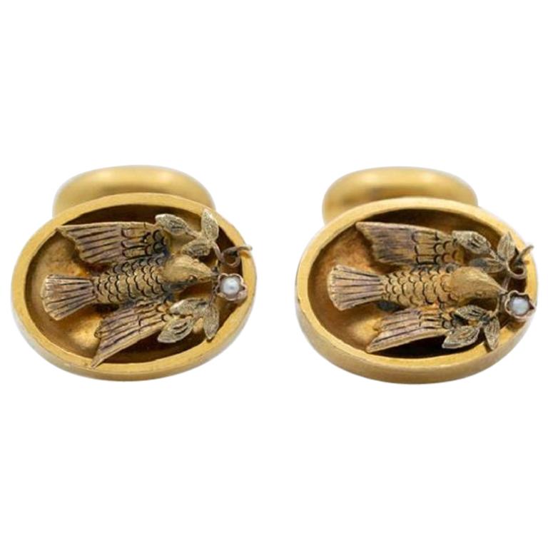 Victorian 18 Karat Gold and Natural Pearl Doves of Peace Cufflinks, circa 1880s