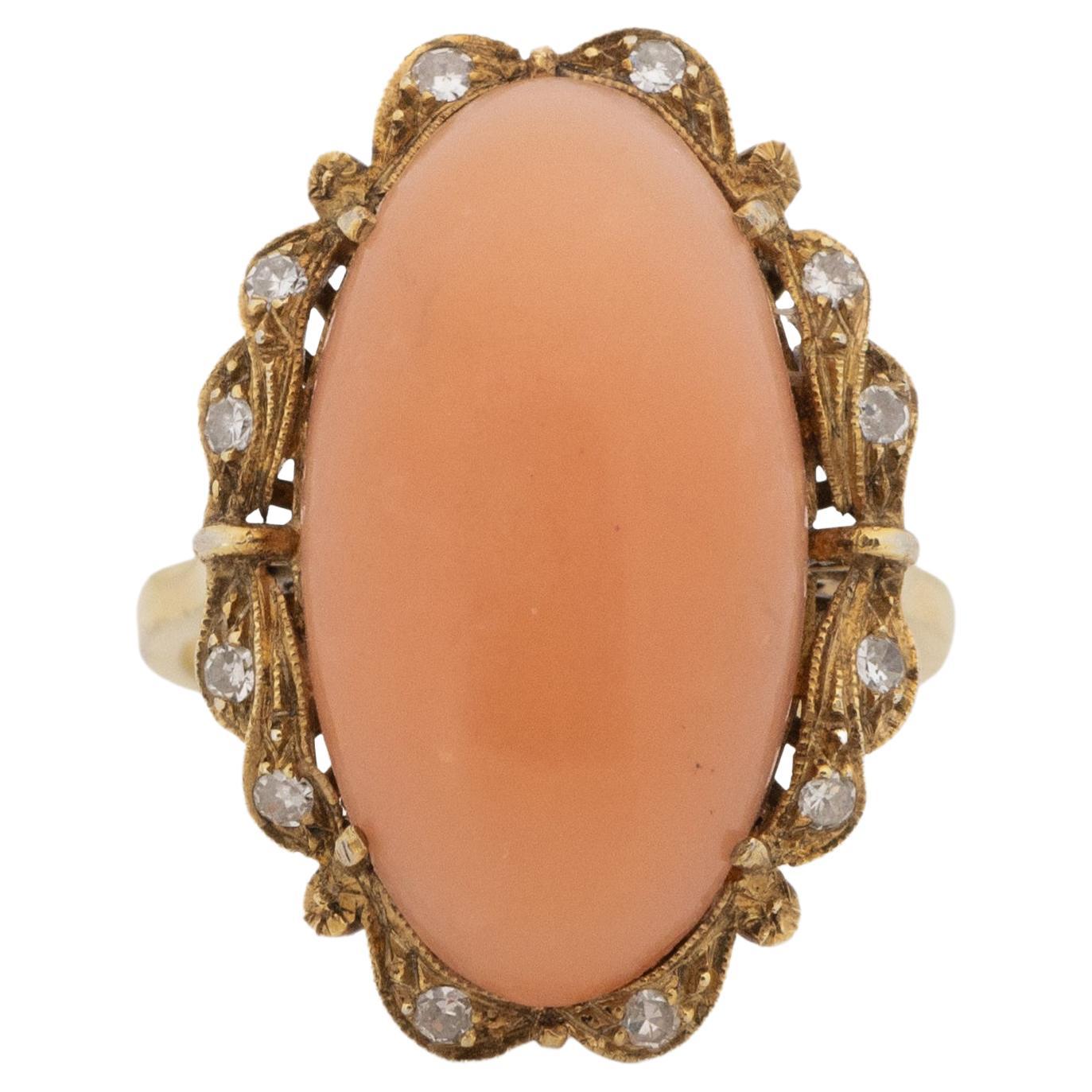 Victorian 18K Yellow Gold Angel Skin Coral Statement Ring with Scalloped Edges
