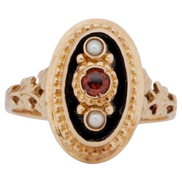Victorian 18K Yellow Gold Antique Seed Pearl, Garnet and Enamel Vintage Ring 