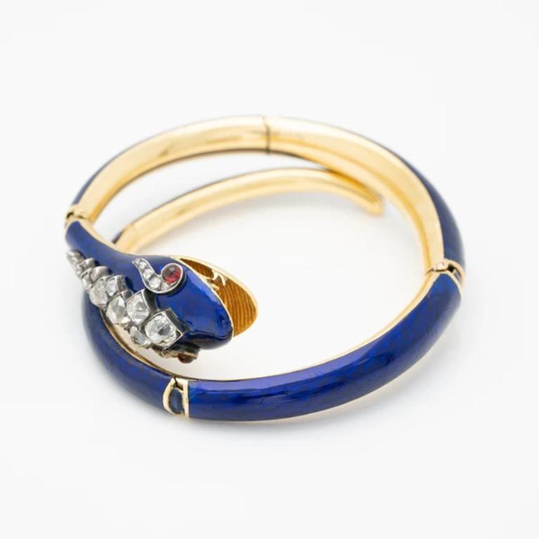 Old Mine Cut Victorian 18K Yellow Gold, Blue Enamel and 3.0 Carat Diamond Snake Wrap Bracelet For Sale