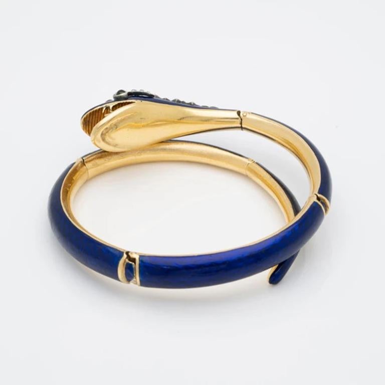 Old Mine Cut Victorian 18K Yellow Gold, Blue Enamel and 3.0 Carat Diamond Snake Wrap Bracelet