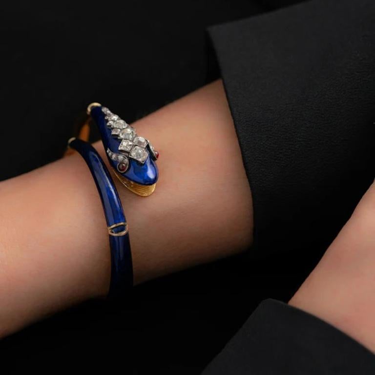 Women's or Men's Victorian 18K Yellow Gold, Blue Enamel and 3.0 Carat Diamond Snake Wrap Bracelet