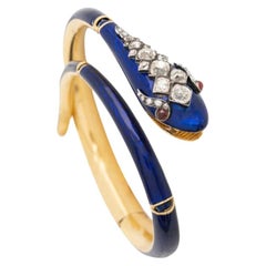 Victorian 18K Yellow Gold, Blue Enamel and 3.0 Carat Diamond Snake Wrap Bracelet