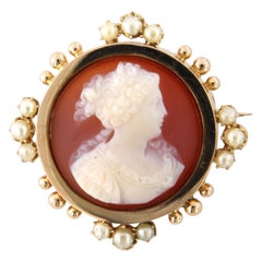 Broche victoriano de oro amarillo de 18 quilates con camafeo y perlas - 6,4 gramos