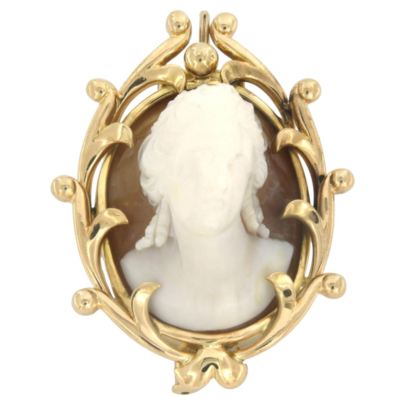 Broche victorienne en or jaune 18k camée, 26g, Circa 1880, tête de dame