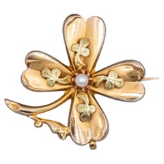 Victorian 18K Yellow Gold Clover Brooch – Pearl, French Horse head hallmark