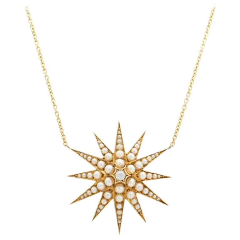 Victorian 18K Yellow Gold, Diamond and Natural Pearl Starburst Necklace C.1880s