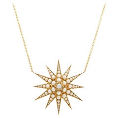 Antique Victorian 18K Yellow Gold, Diamond and Natural Pearl Starburst Necklace C.1880s