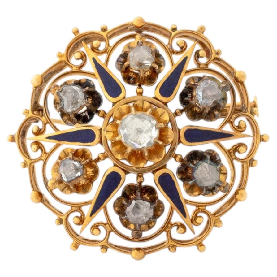 Victorian 18K Yellow Gold Diamond Enamel Brooch, Circa 19th Century