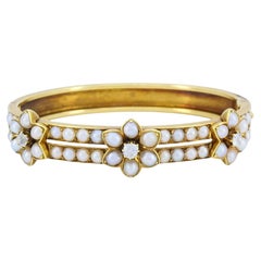 Victorian 18k Yellow Gold Diamond Pearl Flower Hinge Bracelet