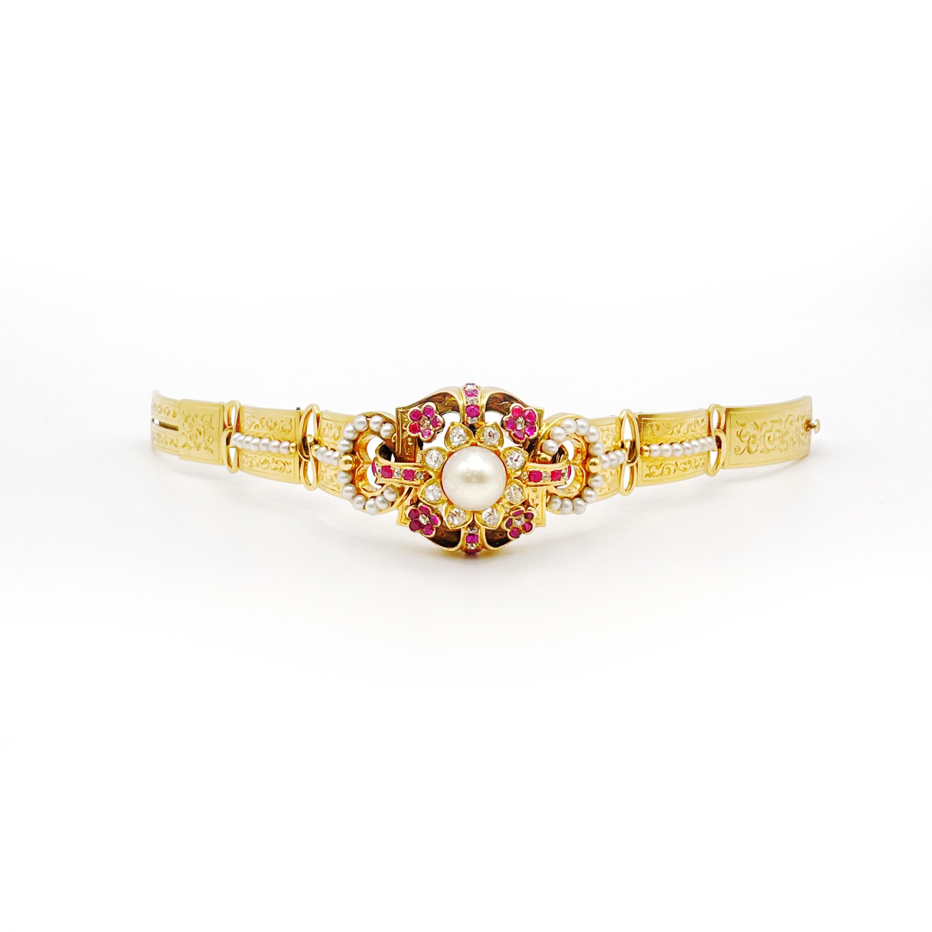 Victorien Bracelet victorien en or jaune 18K avec diamant, rubis et perle en vente