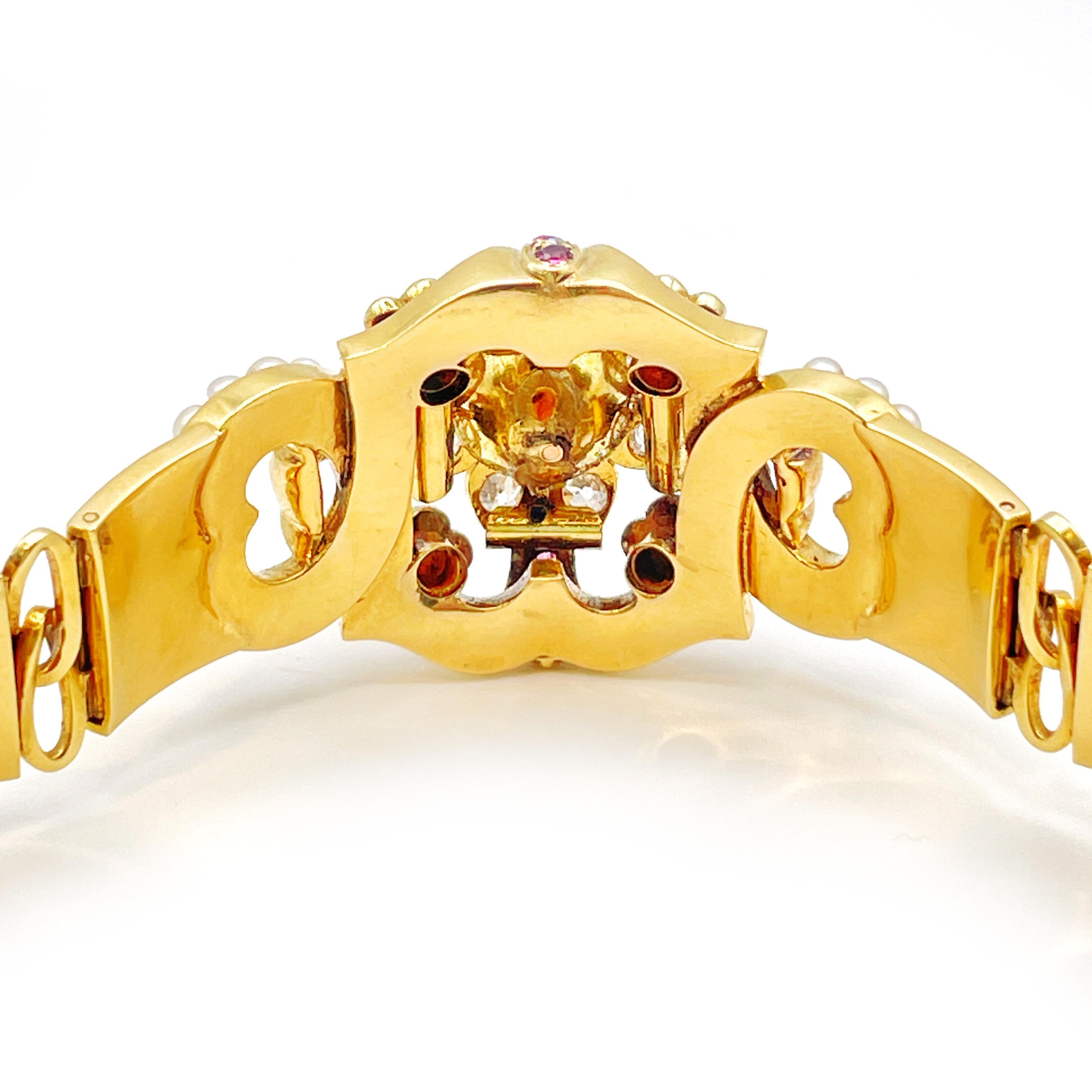 Taille vieille mine Bracelet victorien en or jaune 18K avec diamant, rubis et perle en vente
